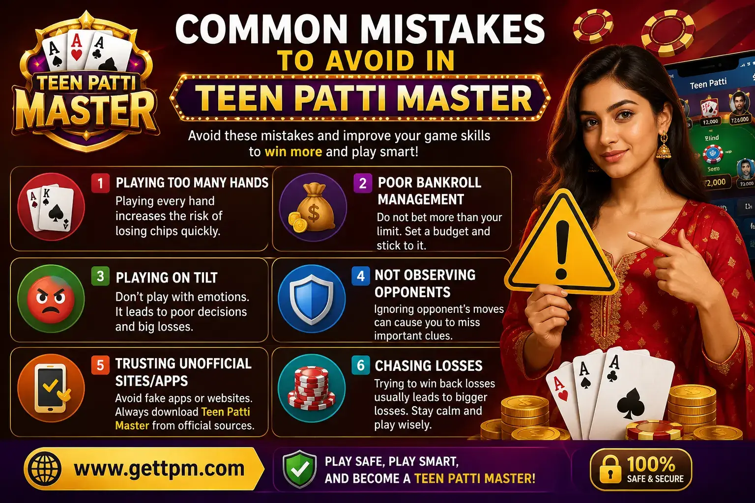 Teen Patti Master Game Download (Latest Version) for Android 2 Common mistakes to avoid in Teen Patti Master guide showing bankroll management, avoiding emotional play, safe app downloads, and smart gameplay tips.