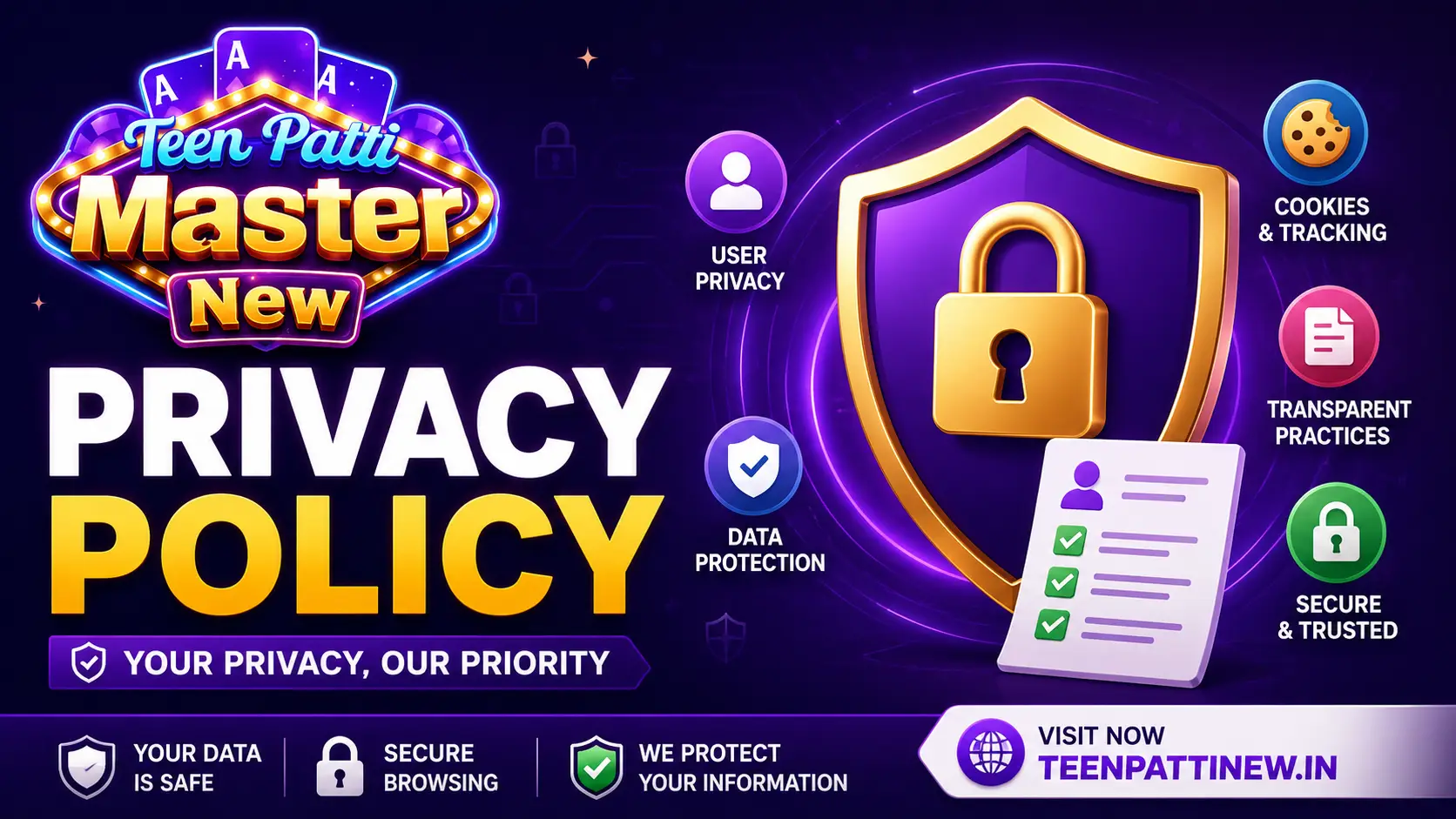 Privacy Policy TeenpattiNew website banner highlighting data protection, cookies, user privacy, security, and privacy practices